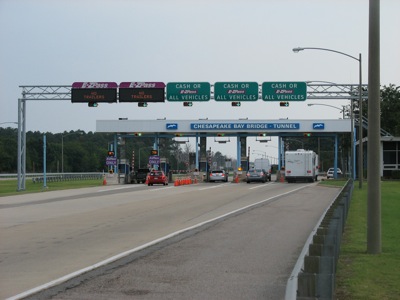 Toll pay station for the Chesapeake Bay Bridge Tunnel. Bicycles have to be loaded on trucks from the bridge authority.