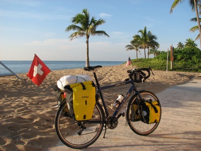At Fort Lauderdale Beach the next morning, ready to ride to Miami and on to Florida City.